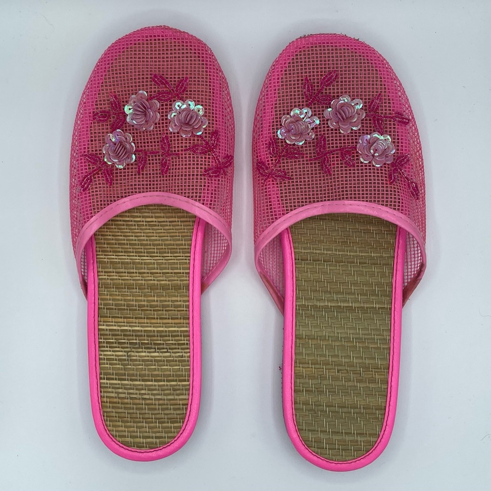 Pink Size 9 Mesh Sandals with Sequin Flowers and Beaded Detailing